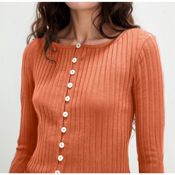 Basic Bae Texture Button Up Ribbed Fittes Cardigan Top Orange - Picture 1 of 4